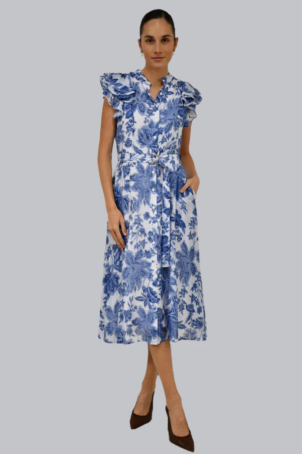 Carrie Floral Midi Dress - Blue/White