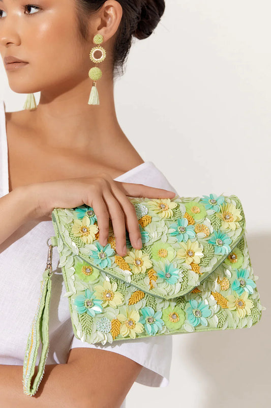 Adorne Sequin Floral Fold Over Clutch - Green/Yellow Multi
