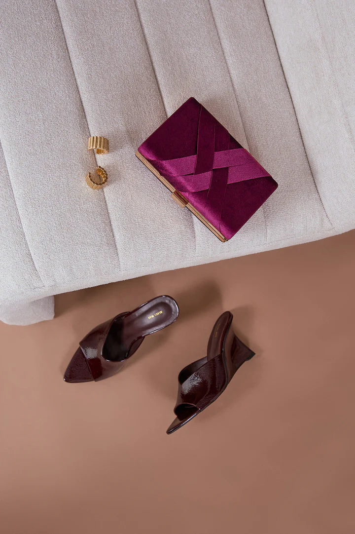 Marjorie Plait Velvet Structured Clutch - Berry