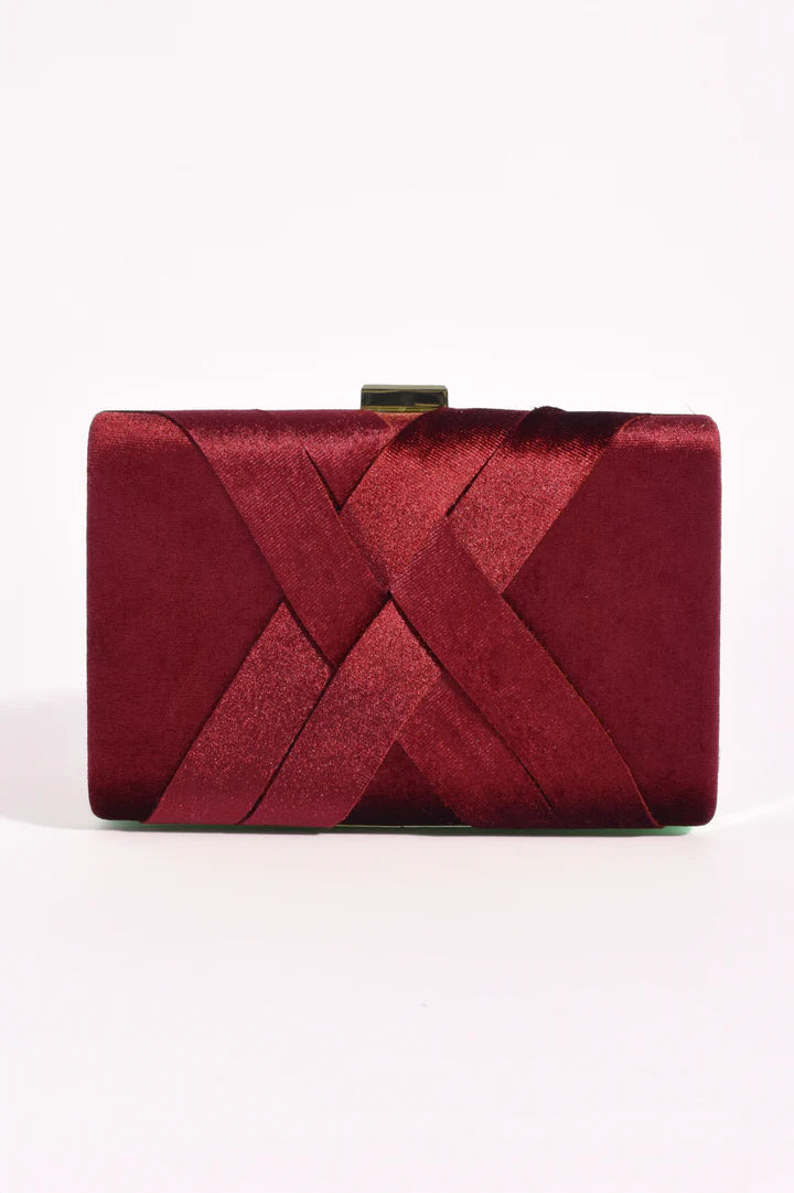 Marjorie Plait Velvet Structured Clutch - Burgundy