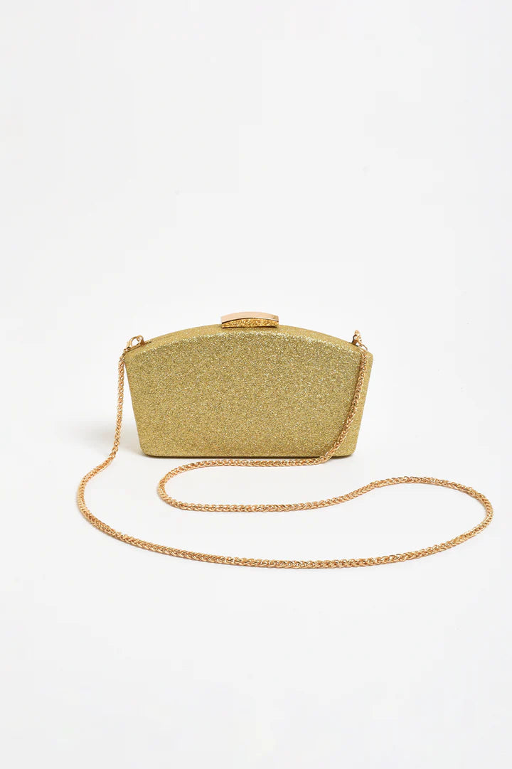 Valencia Glitter Curve Top Structured Clutch - Gold