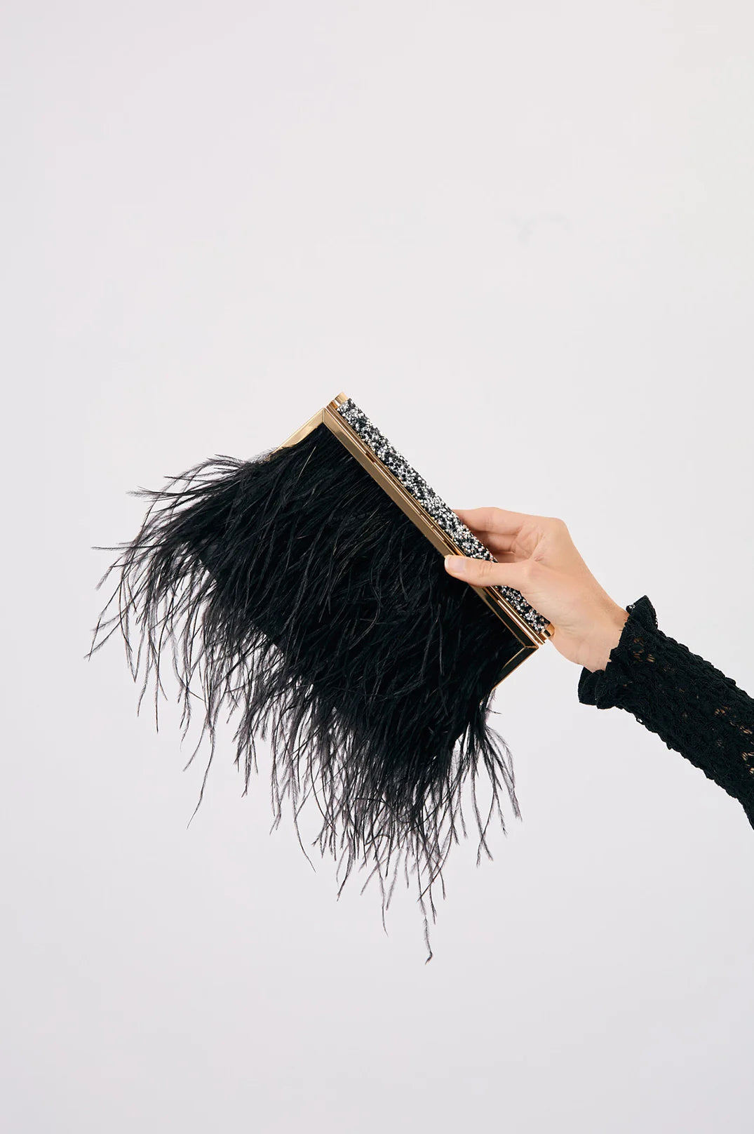 Mirabelle Feather and Diamante Clutch in Black