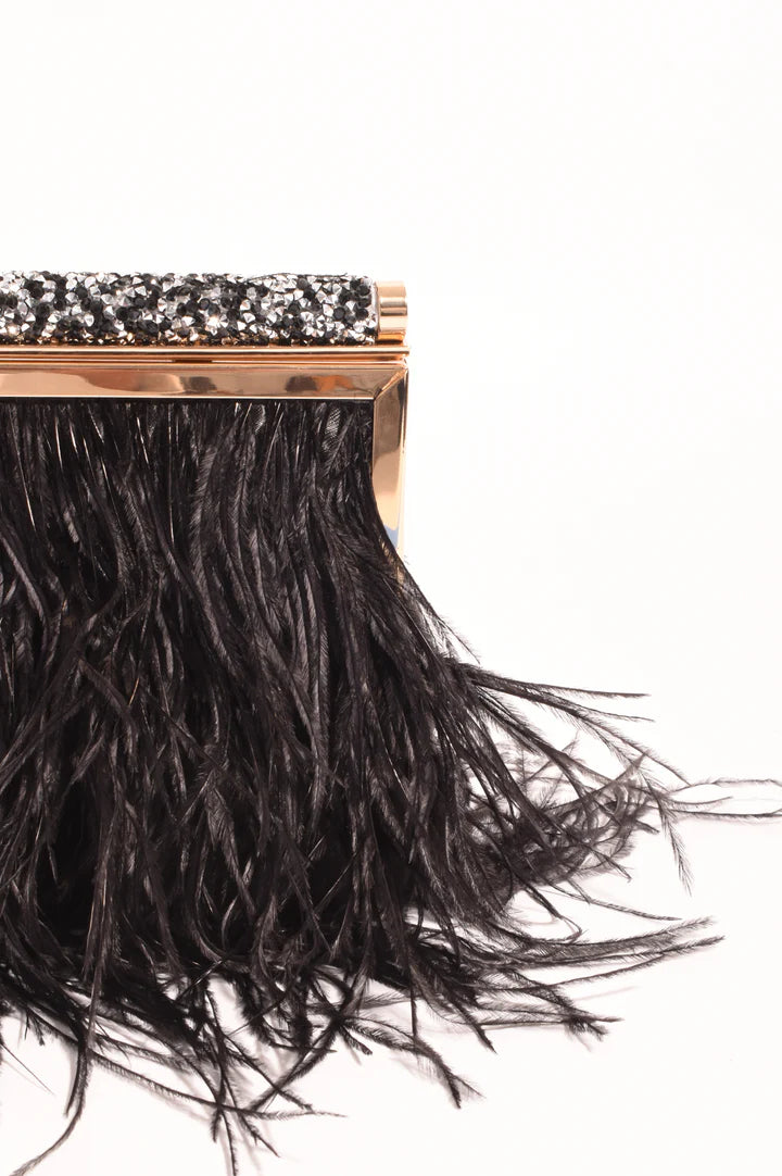 Mirabelle Feather and Diamante Clutch in Black