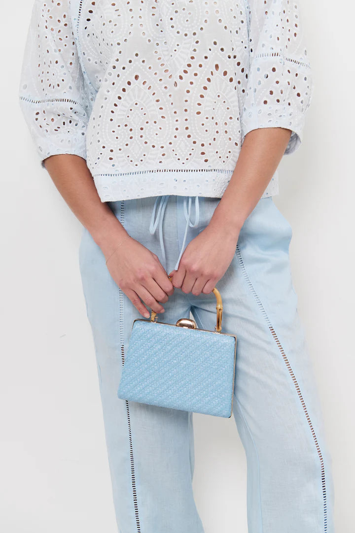 Bamboo Handle Weave Small Bag - Blue