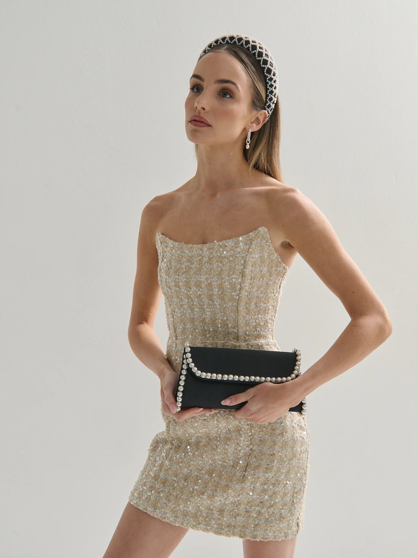 Yvette Pearl Trim Clutch Bag - Black