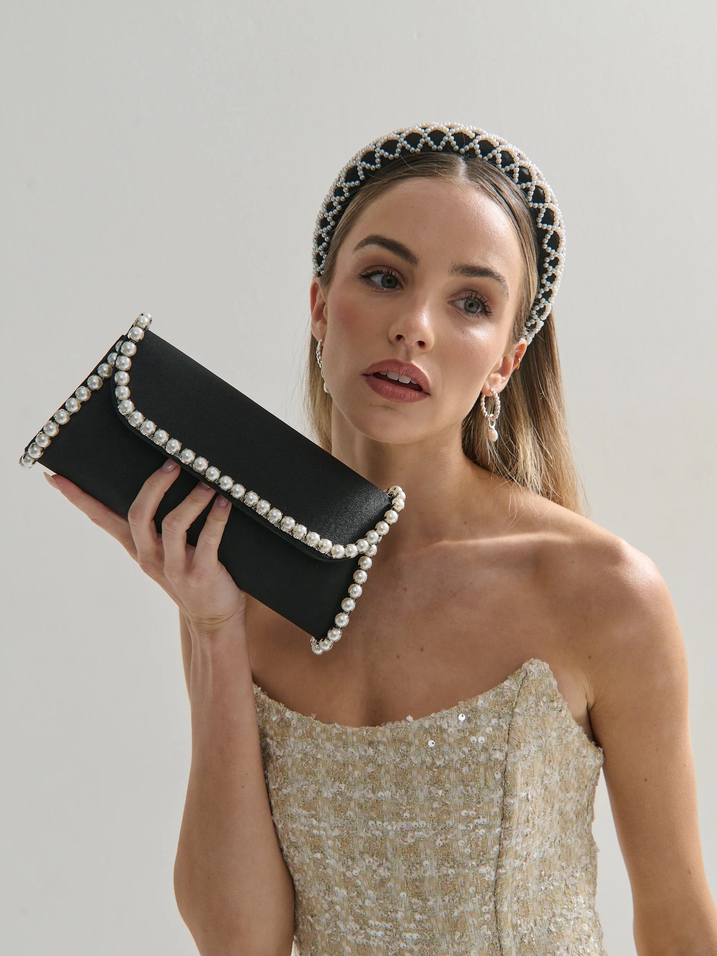 Yvette Pearl Trim Clutch Bag - Black