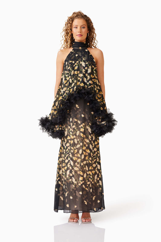 Elliatt Tulsia Floral Cape Maxi Dress - Black Floral