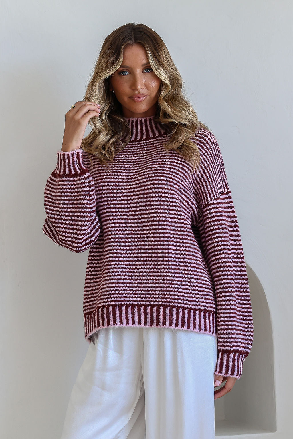Billie Blanket Stitch Knit - Wine/Pink