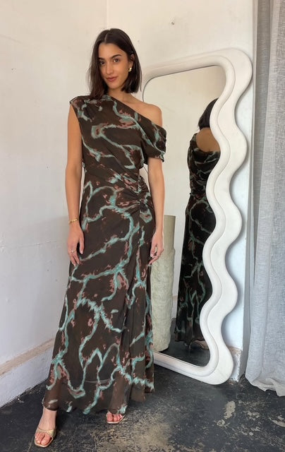 Rosy Draped Shoulder Dress - Chocolate/Mint