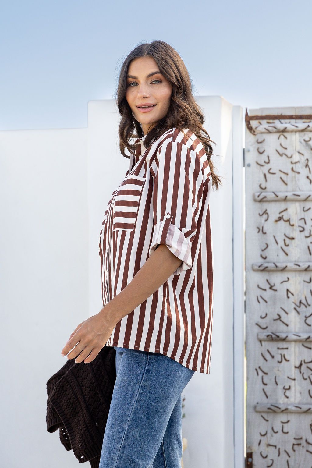 Mia Stripe Shirt - Chocolate/White
