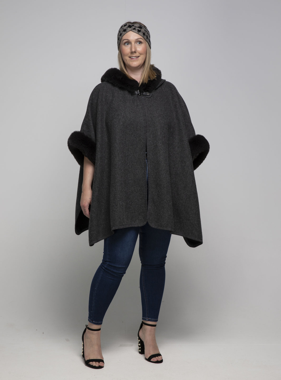 Faux Fur Hooded Poncho - Dark Grey