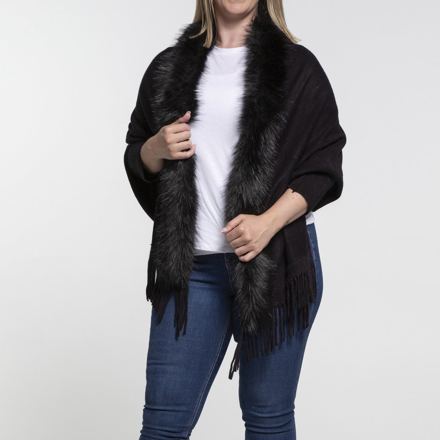 Faux Fur Plain Cape - Black