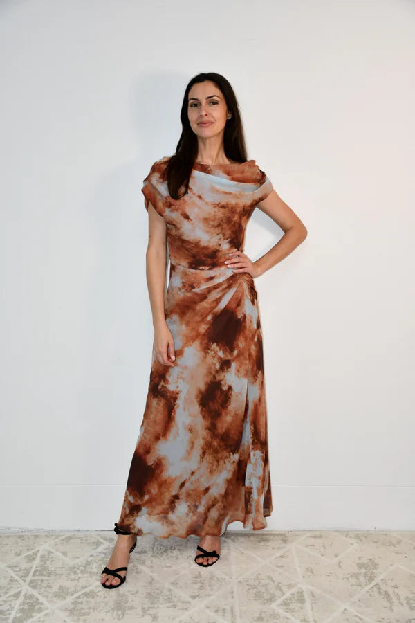 Rosy Draped Shoulder Dress - Brown COMING SOON