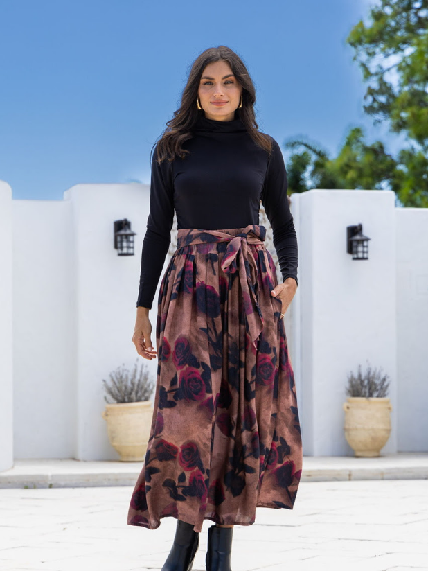 Mayfair Tie Midi Skirt- Chocolate/Wine Floral