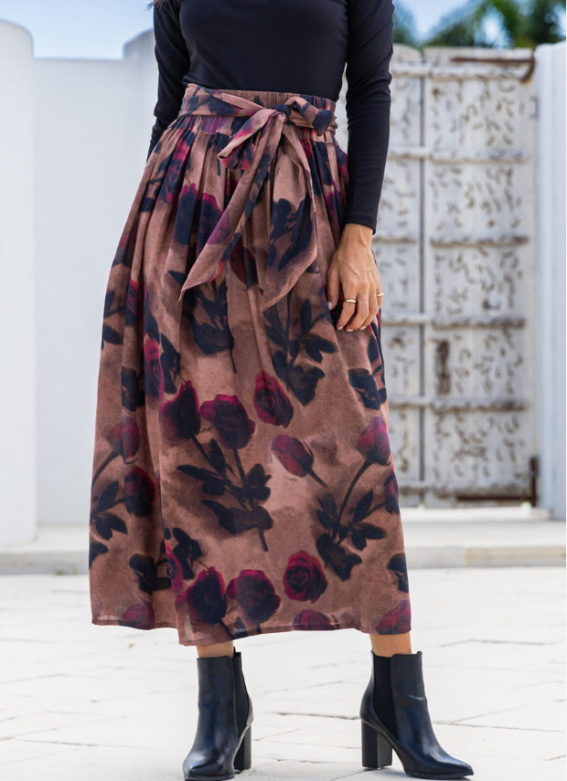 Mayfair Tie Midi Skirt- Chocolate/Wine Floral