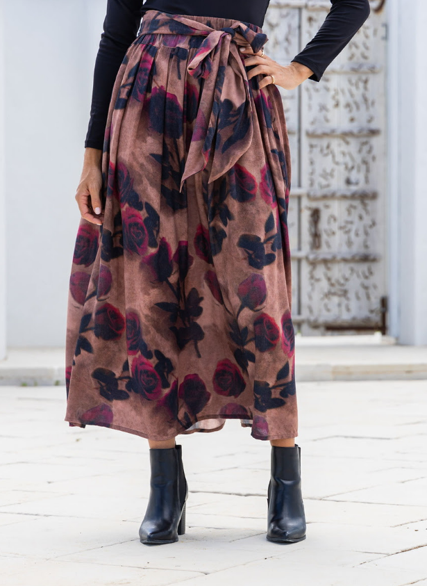 Mayfair Tie Midi Skirt- Chocolate/Wine Floral