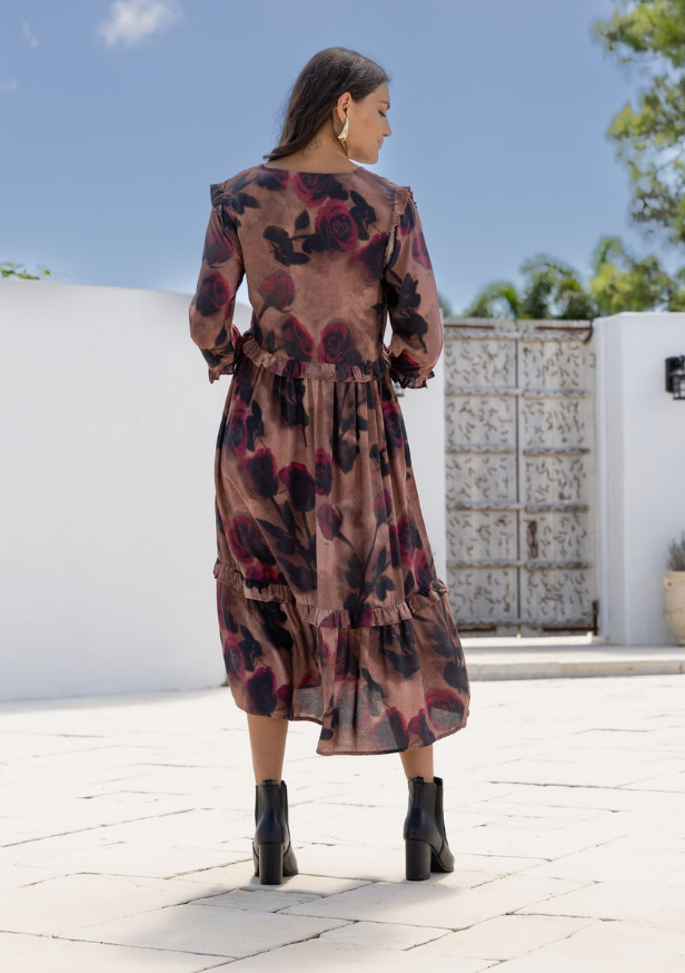 Mayfair Ruffle Midi Dress - Chocolate/Wine Floral