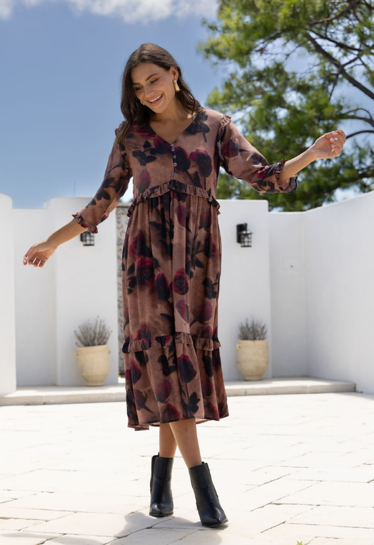 Mayfair Ruffle Midi Dress - Chocolate/Wine Floral