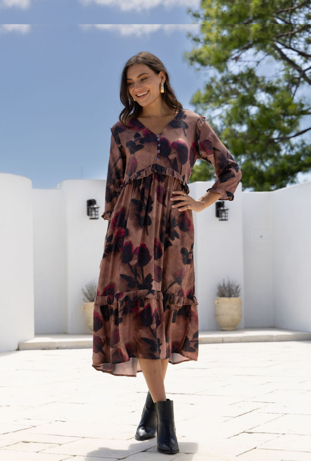 Mayfair Ruffle Midi Dress - Chocolate/Wine Floral