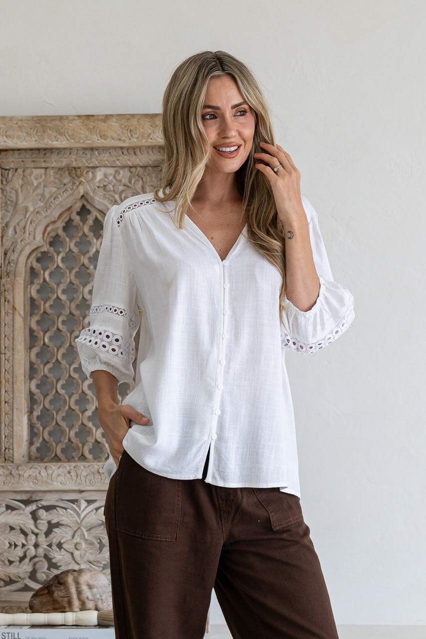 Button Front Lace Insert Blouse - White