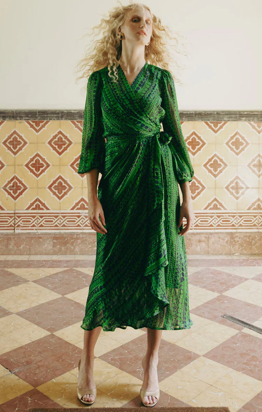 Sacha Drake Savoir Midi Wrap Dress in Navy Green