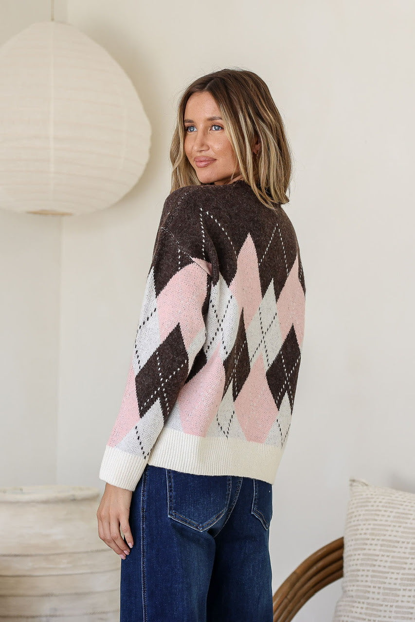 Aria Diamond Check Knit - Pink/Choc