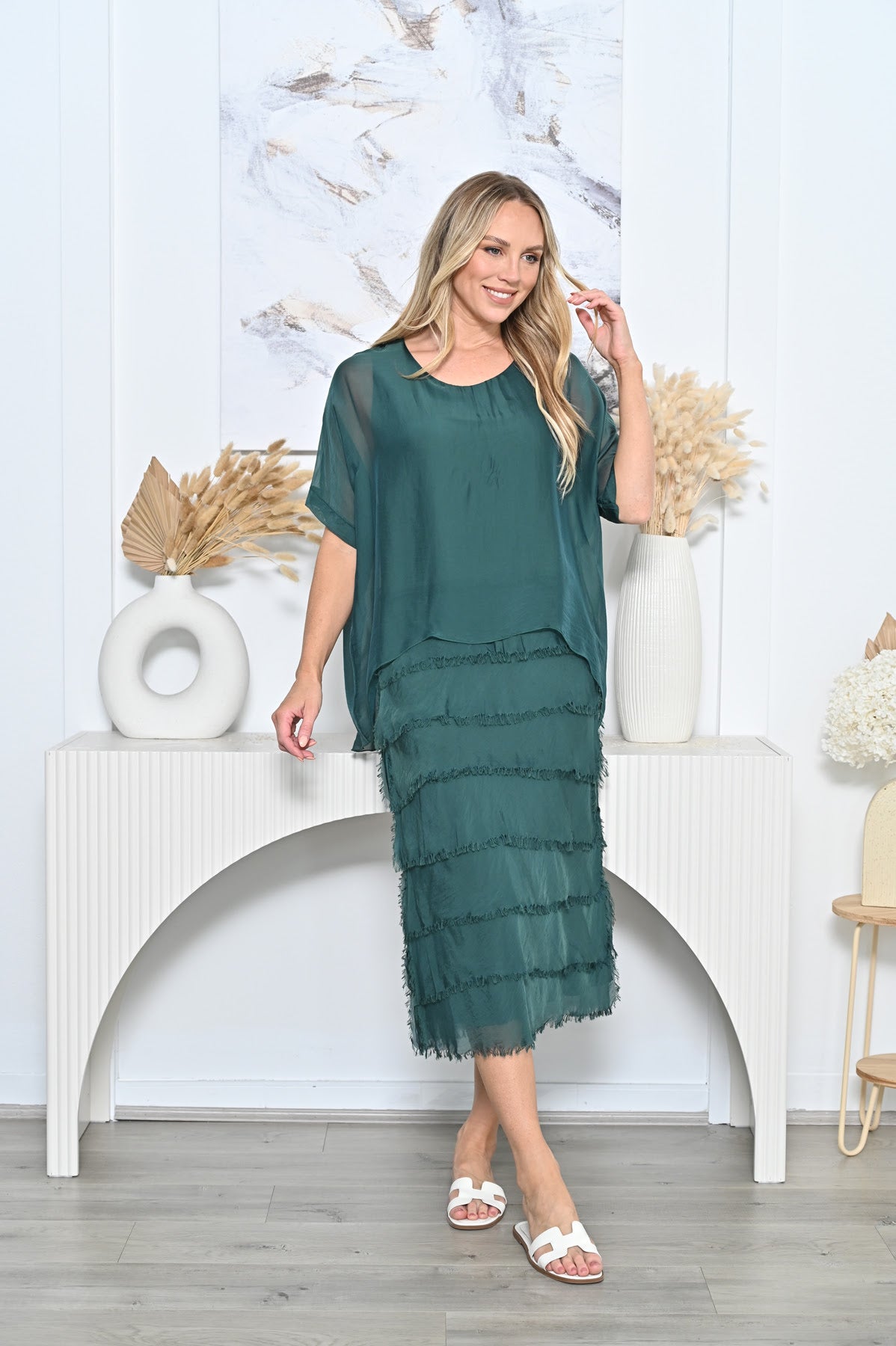 Clyde Layered Silk Dress - Bottle Green