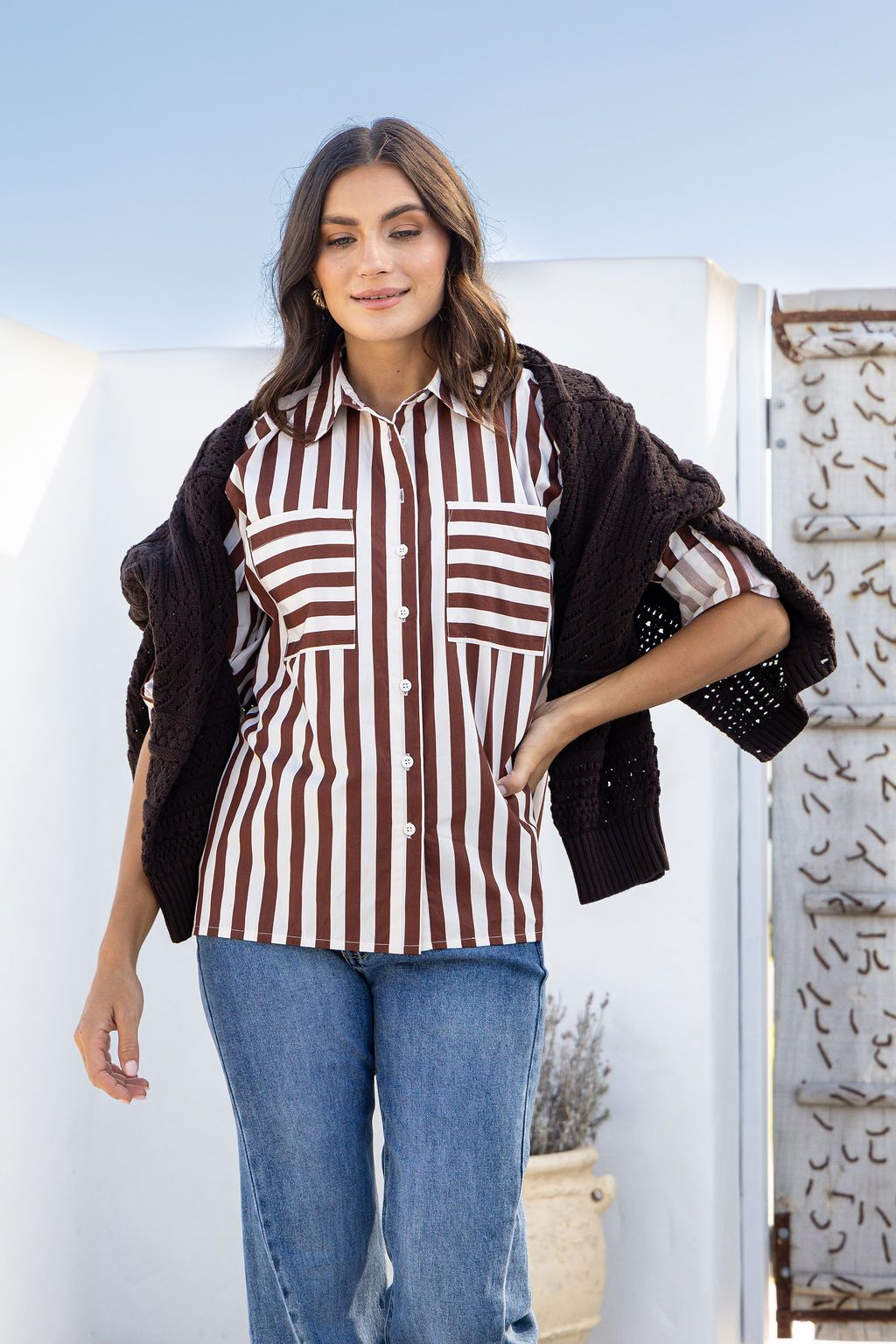 Mia Stripe Shirt - Chocolate/White