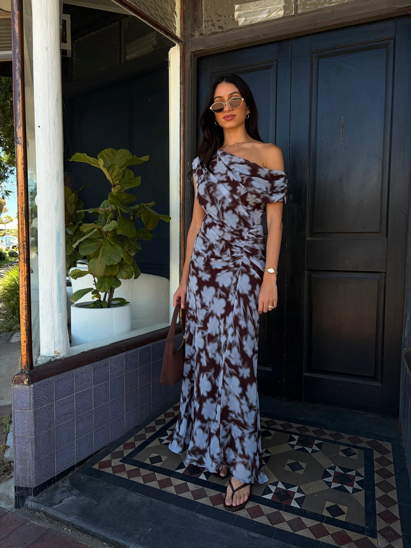 Rosy Draped Shoulder Dress - Blue/Choc