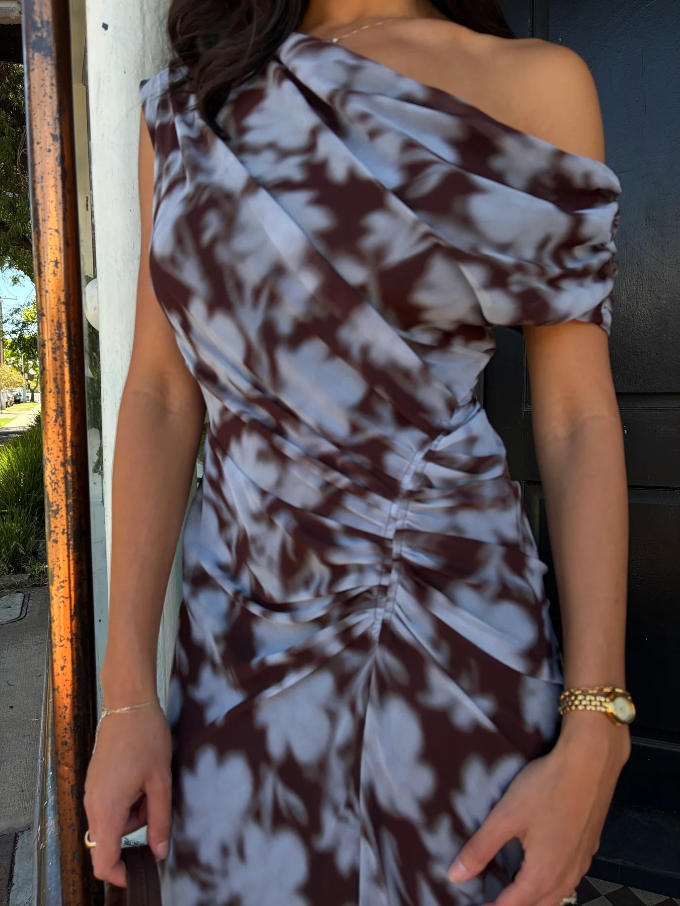 Rosy Draped Shoulder Dress - Blue/Choc