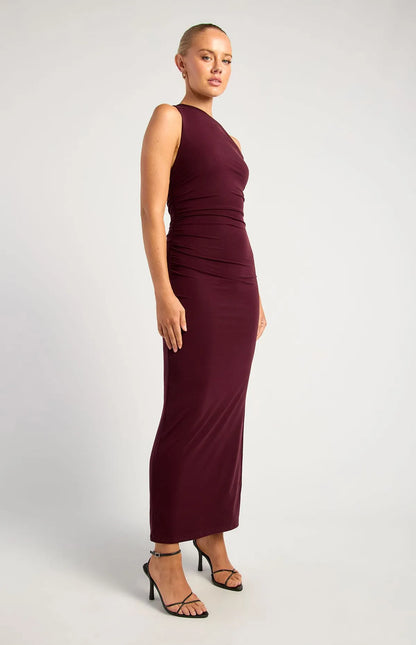 Marble Buckle Shoulder Jersey Dress - Merlot
