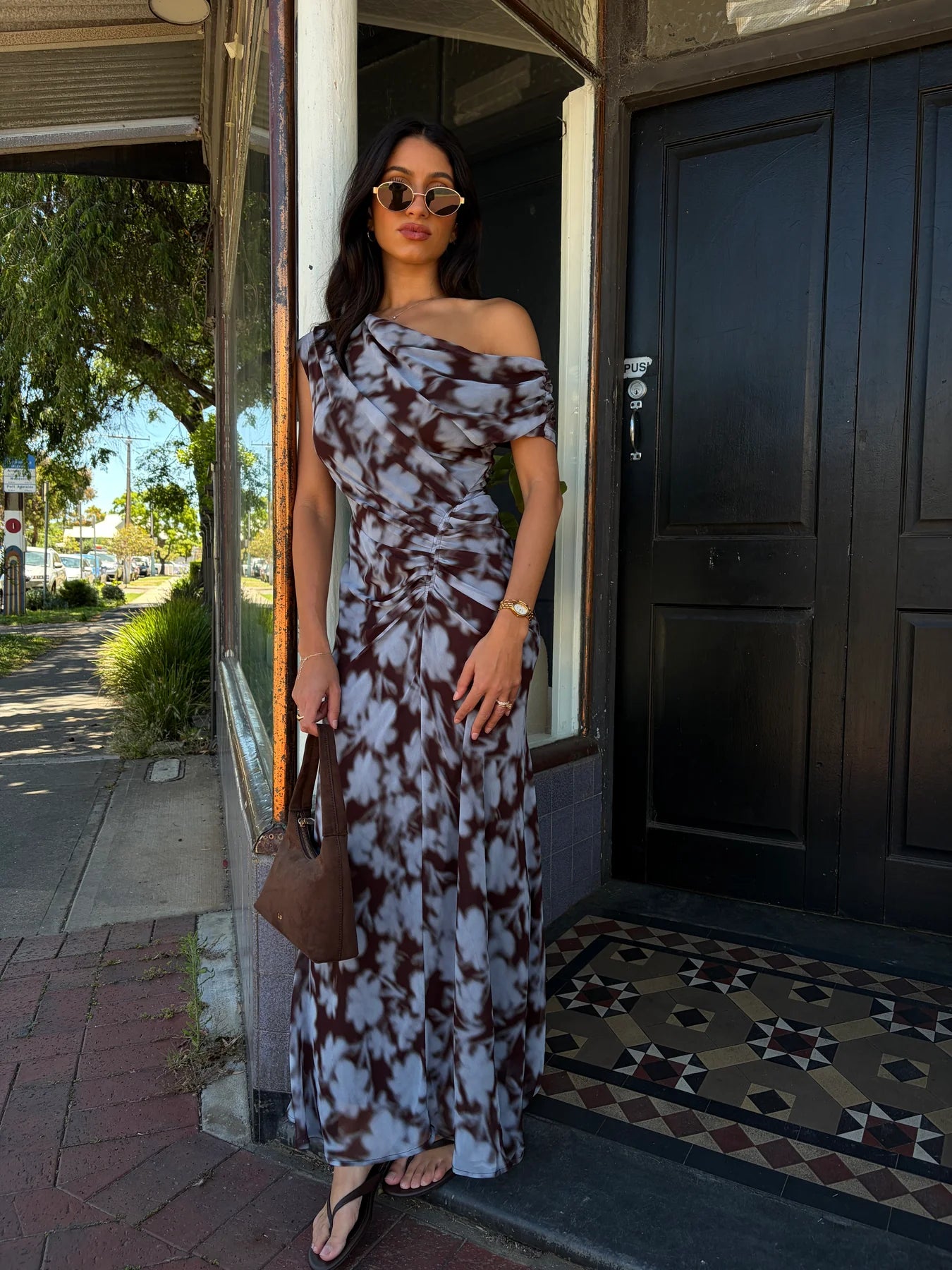 Rosy Draped Shoulder Dress - Blue/Choc