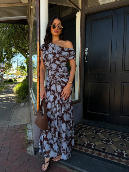 Rosy Draped Shoulder Dress - Blue/Choc