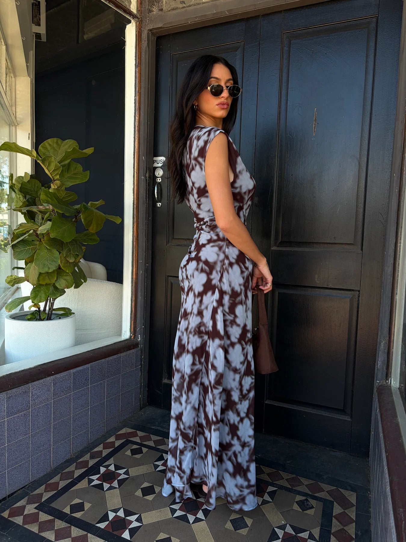 Rosy Draped Shoulder Dress - Blue/Choc