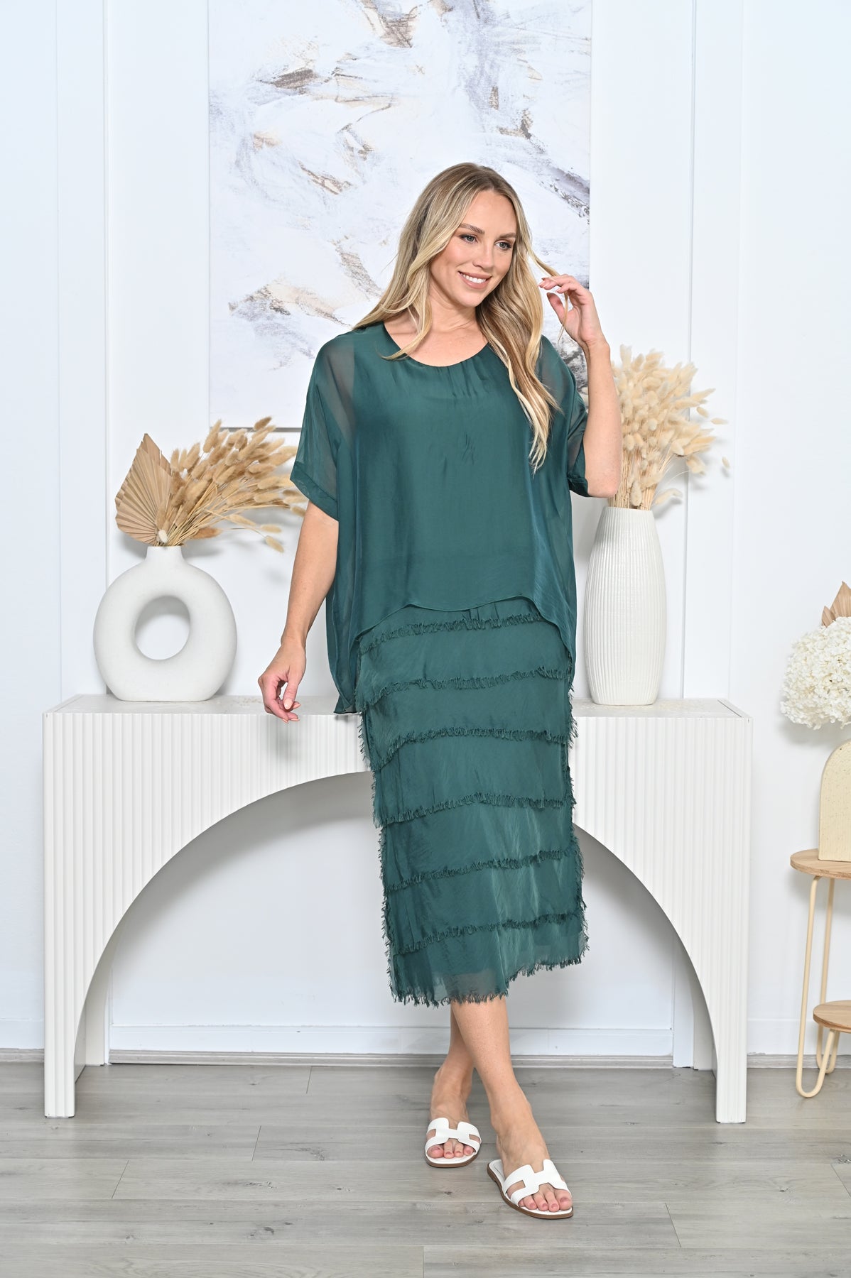 Clyde Layered Silk Dress - Bottle Green