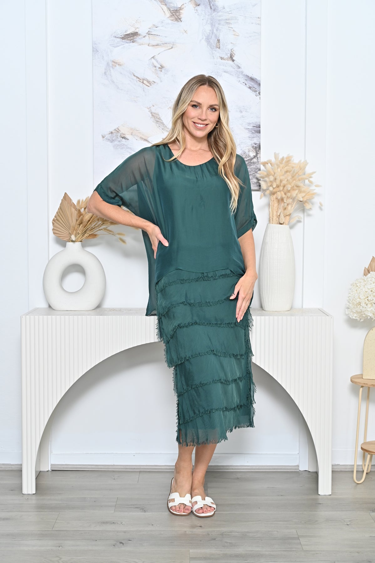 Clyde Layered Silk Dress - Bottle Green