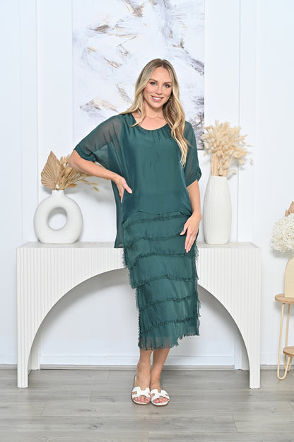 Clyde Layered Silk Dress - Bottle Green