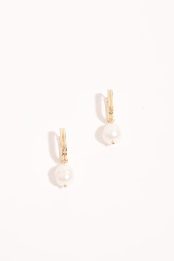 Rectangle Link Pearl Drop Earrings - Gold