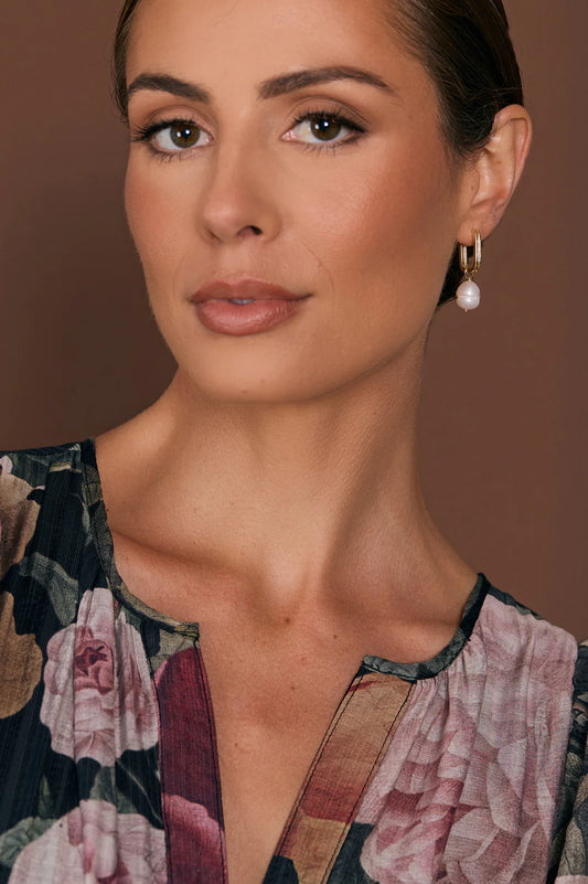 Rectangle Link Pearl Drop Earrings - Gold