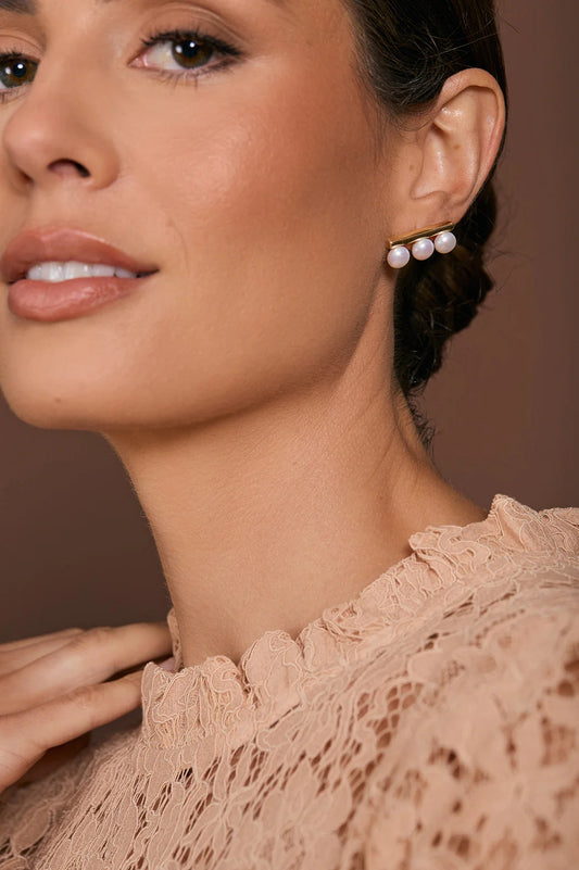 Pearl Panel Stud Earrings - Gold