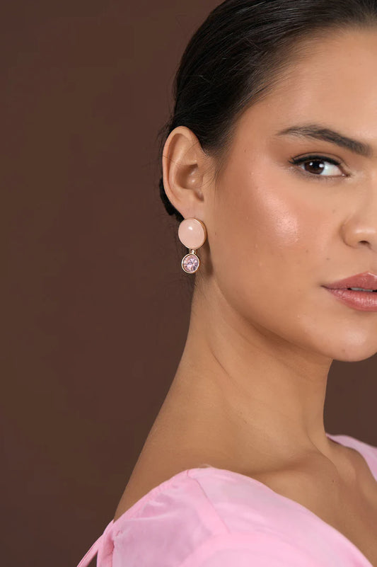 Stone Glass Mid Drop Earrings - Pink/Gold