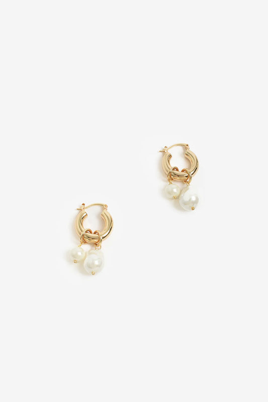 Glass Pearl Drop Hoops - Cream/Gold