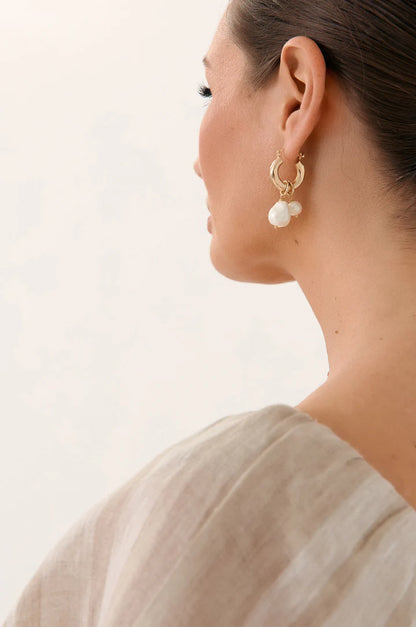 Glass Pearl Drop Hoops - Cream/Gold