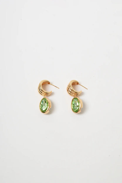 Curved Front Oval Drop Earring - Green