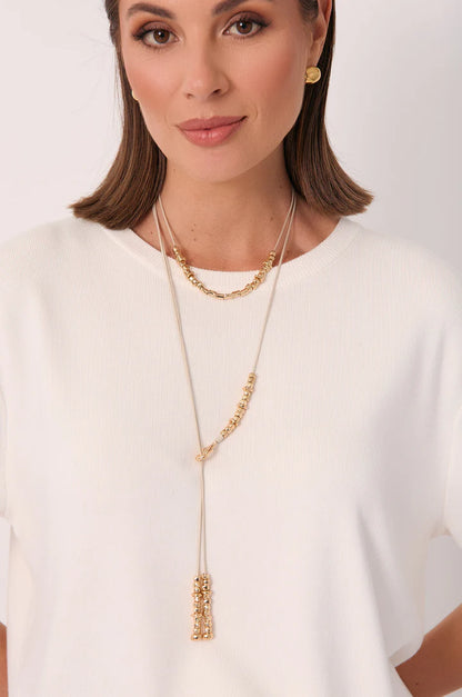 Long Layered Cord Metal Beach Necklace - Camel