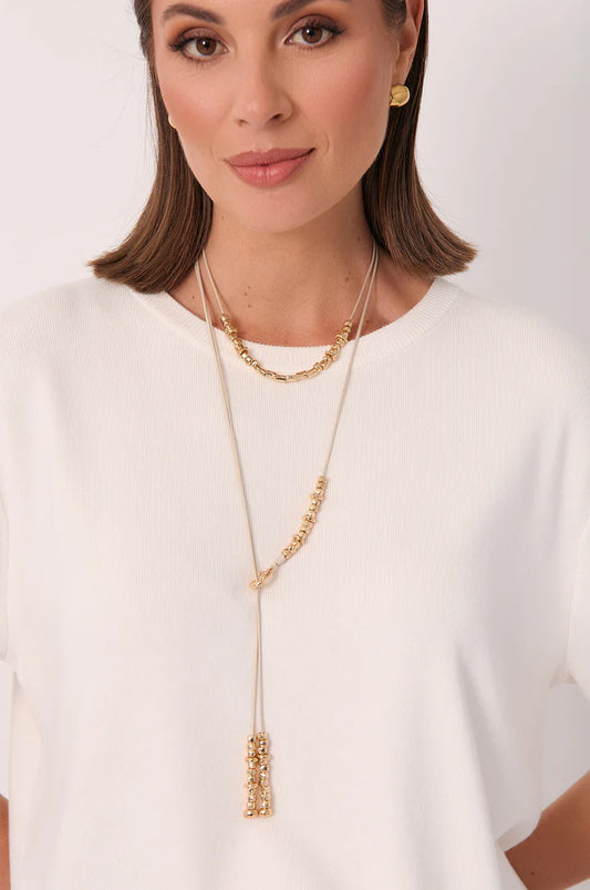 Long Layered Cord Metal Beach Necklace - Camel