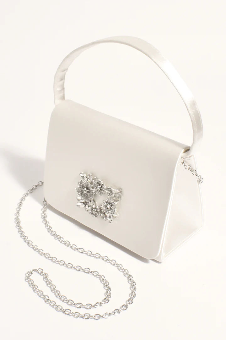 Charlotte Jewelled Satin Box Clutch -Cream