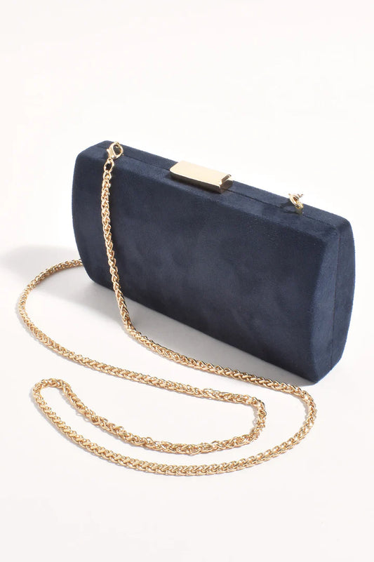 Clea Faux Suede Structured Clutch in Navy