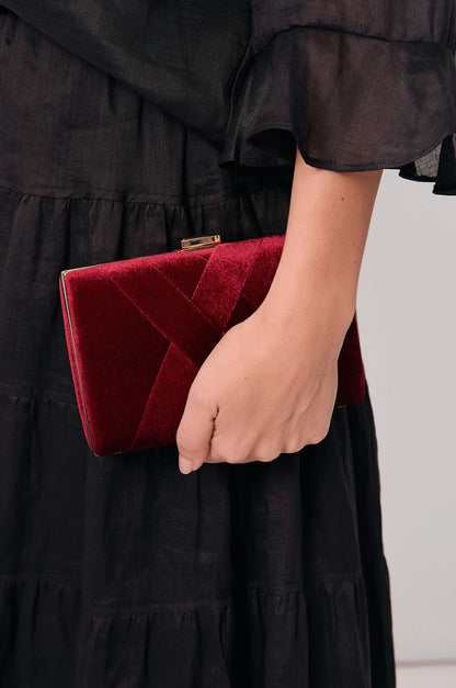 Marjorie Plait Velvet Structured Clutch - Burgundy