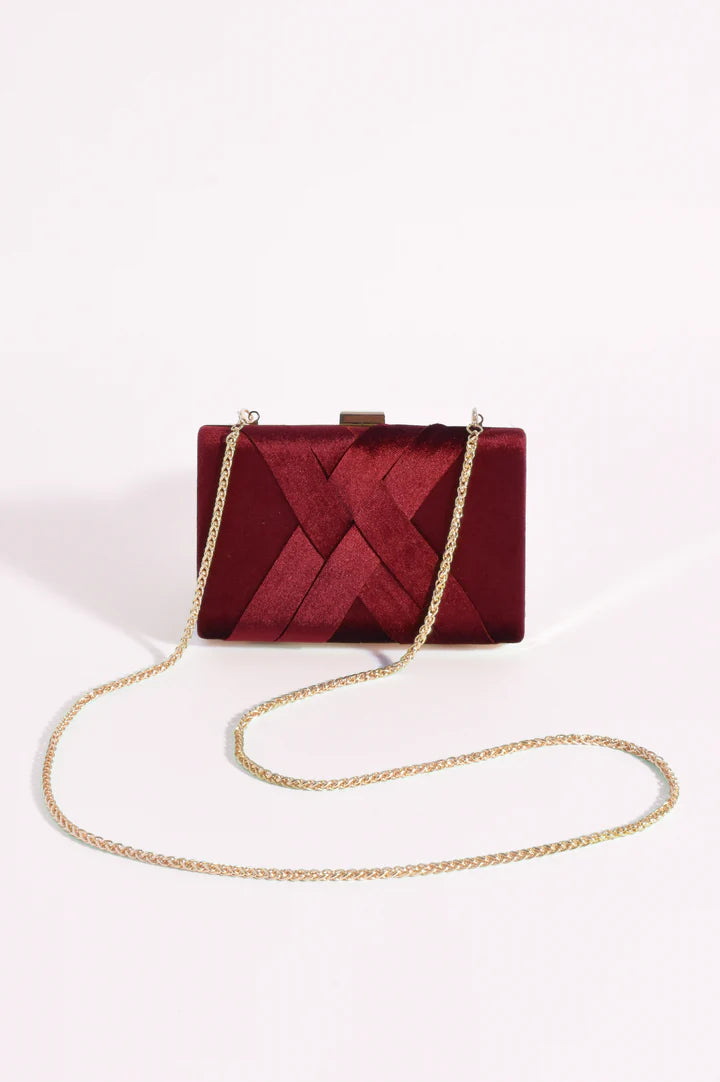 Marjorie Plait Velvet Structured Clutch - Burgundy